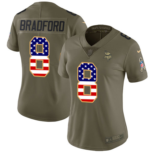 Nike Vikings #8 Sam Bradford Olive/USA Flag Women's Stitched NFL Limited Salute to Service Jersey - Click Image to Close